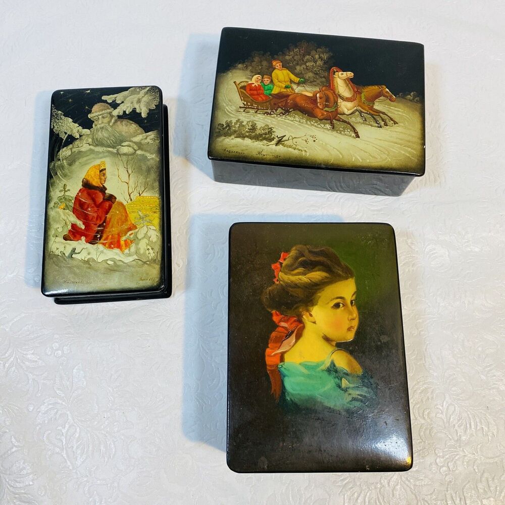 3 Fedoskino Hand Painted Lacquer Boxes USSR